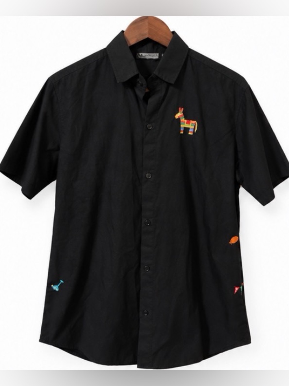 Vanilla Industry Black Short-Sleeve Button-Up Shirt with Piñata Embroidery